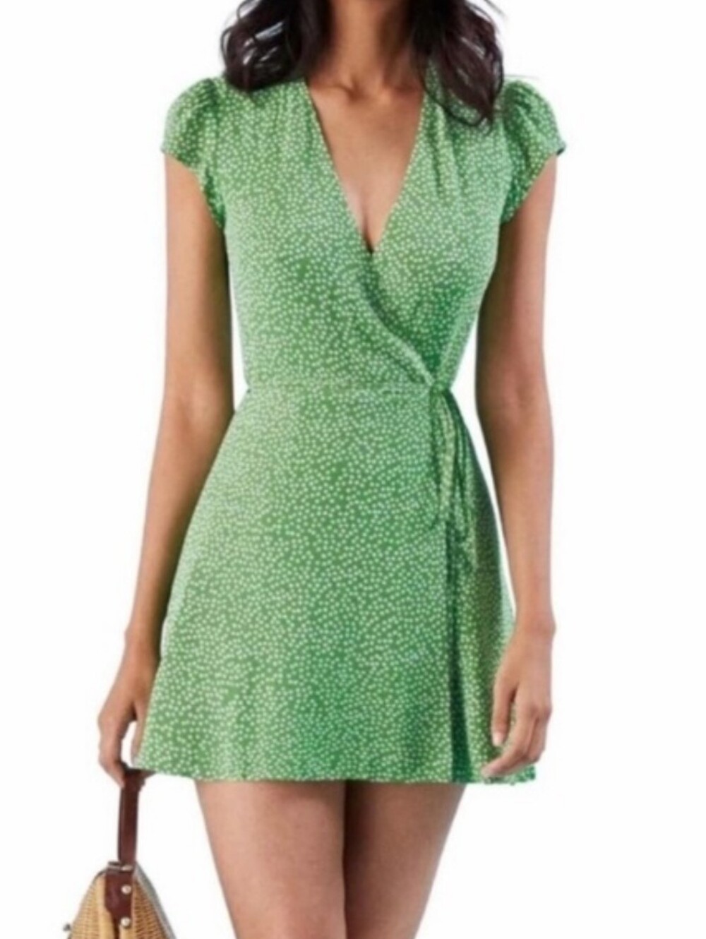 Reformation Green Dotted Wrap Mini Dress